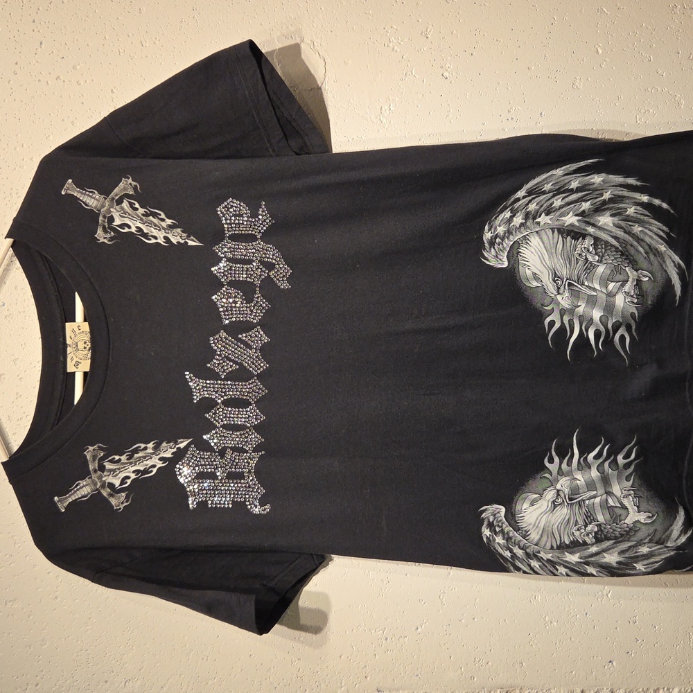Vintage 2000s Bulzeye Fitted Rhinestone Black Graphic T-Shirt (XL)